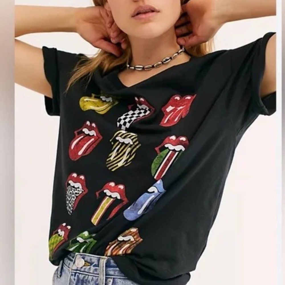 Daydreamer X Free People L Rolling Stones Rock Graphic Short Sleeve T-Shirt Blue